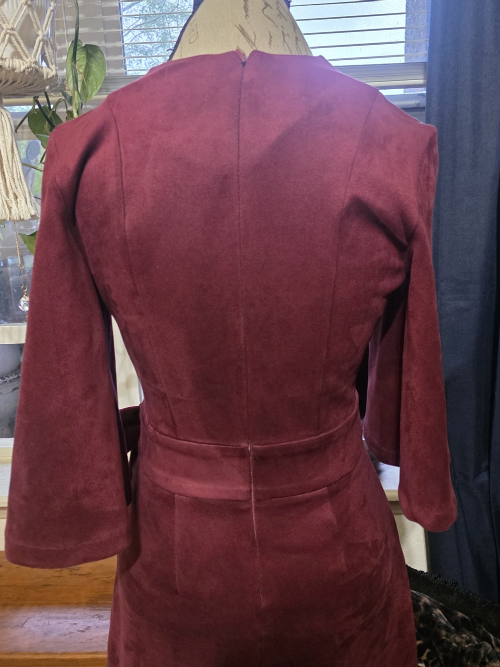 VENUS Burgundy Faux Suede Mini Dress Stretch Bow Tie - Picture 6 of 12